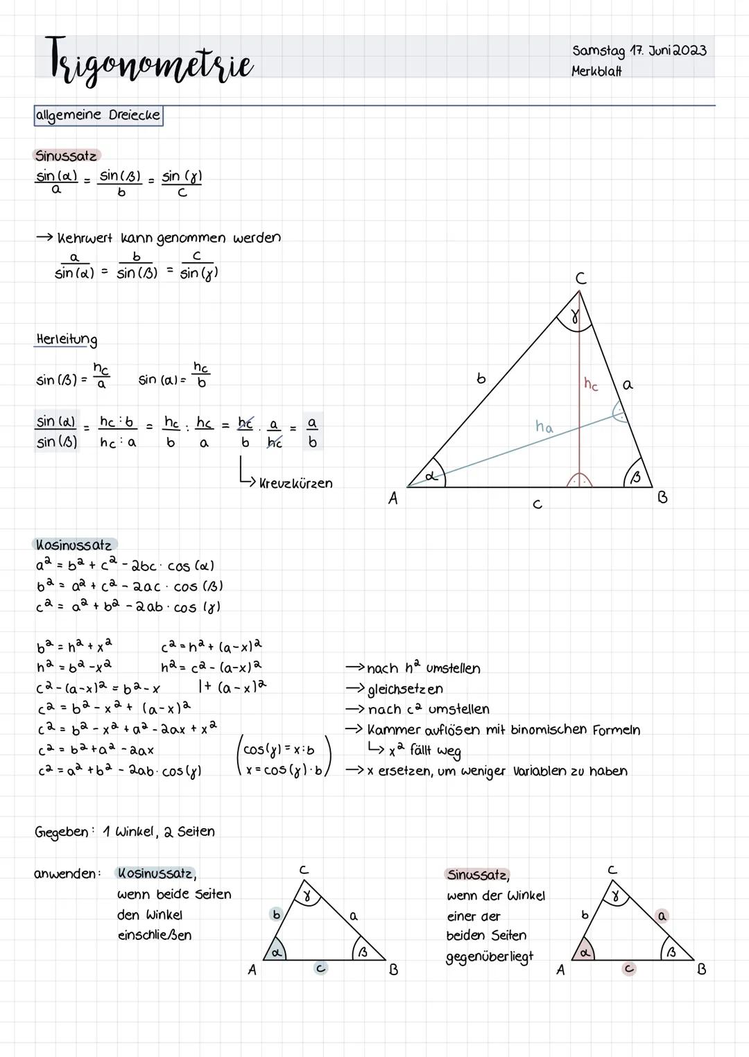 Trigonometrie
Rechtwinklige Dreiecke
sin (a) =
cos (α)=
tan (d) =
Z.B.:
Gegenkathete
Hypotenuse
Steigungswinkel
tan (a) = 1/2
Ankathete
Hypo