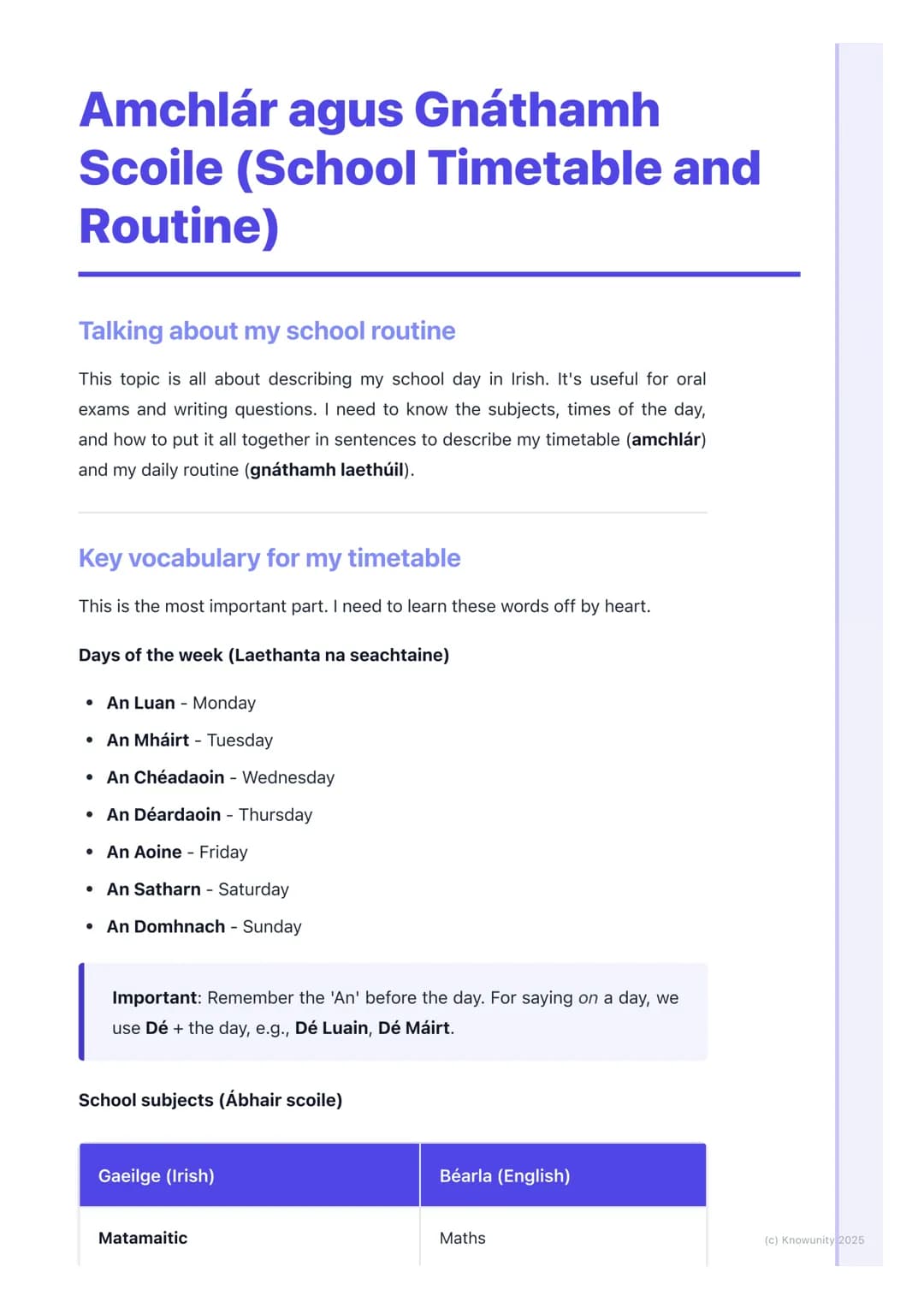 # Amchlár agus Gnáthamh
Scoile (School Timetable and
Routine)
Talking about my school routine
This topic is all about describing my school