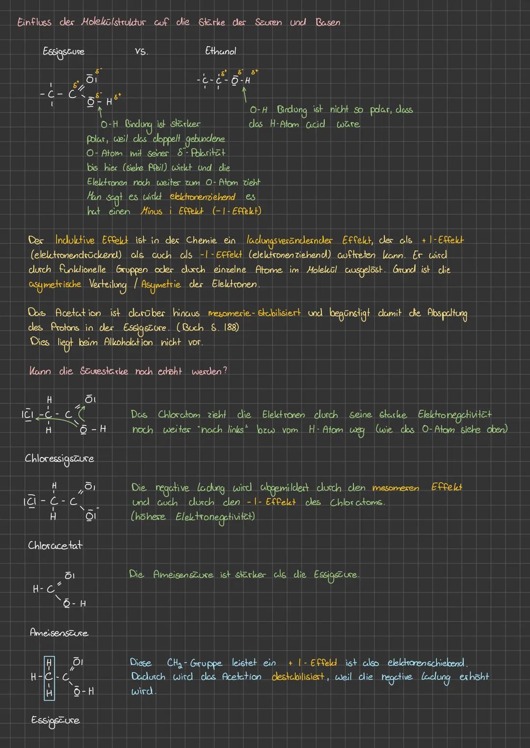 Einfluss der Molekülstruktur auf die Stärke der Säuren und Basen
Essigsture
611
-c-c
VS.
Ethanol
O-H Bindung ist stärker
polar, weil das cd