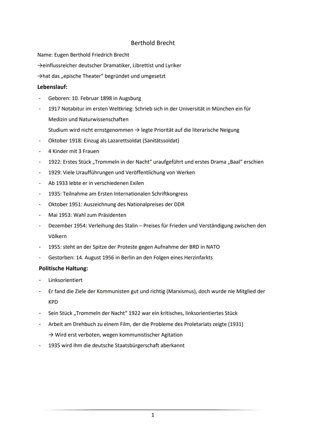 Berthold Brecht
Name: Eugen Berthold Friedrich Brecht
→einflussreicher deutscher Dramatiker, Librettist und Lyriker
→hat das ,,epische Theat