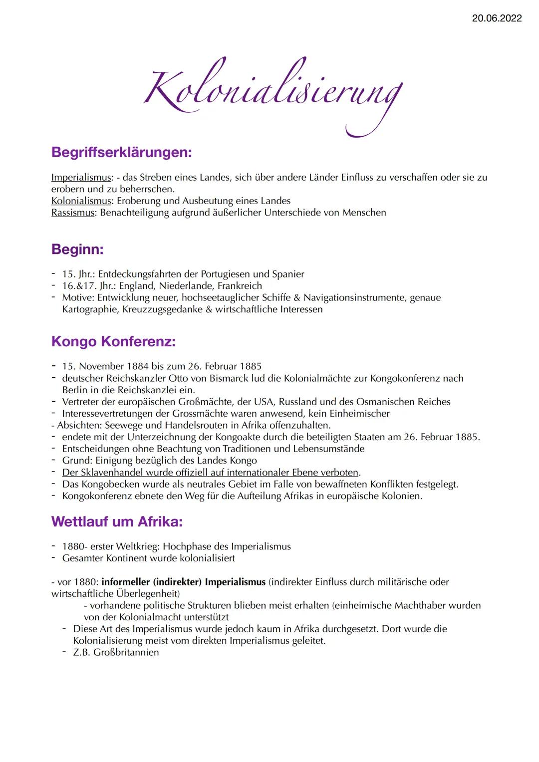 # Kolonialisierung
20.06.2022
Begriffserklärungen:
Imperialismus: - das Streben eines Landes, sich über andere Länder Einfluss zu verscha