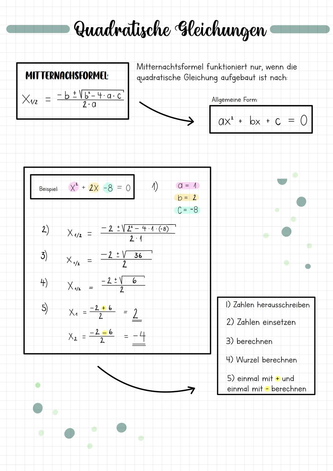 PO-FORMEL
Х112
=
2
+
-2 ± √(₂)²
2) X₁ = ²/2 + √√(√²₁² - (-2)
(²2)³²
3)
4)
5)
X₁ = -1
Beispiel X² + 2x - 2 = 0 1) p = 2x
q = -2
+ √ 3
q
X₁=1+