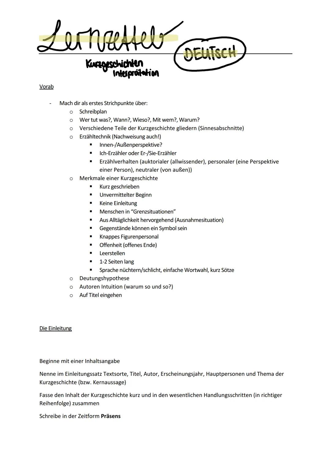 # Lernettel DEUTSCH
Kurzgeschichten
Interprätation
Vorab
- Mach dir als erstes Strichpunkte über:
* Schreibplan
* Wer tut was?, Wa