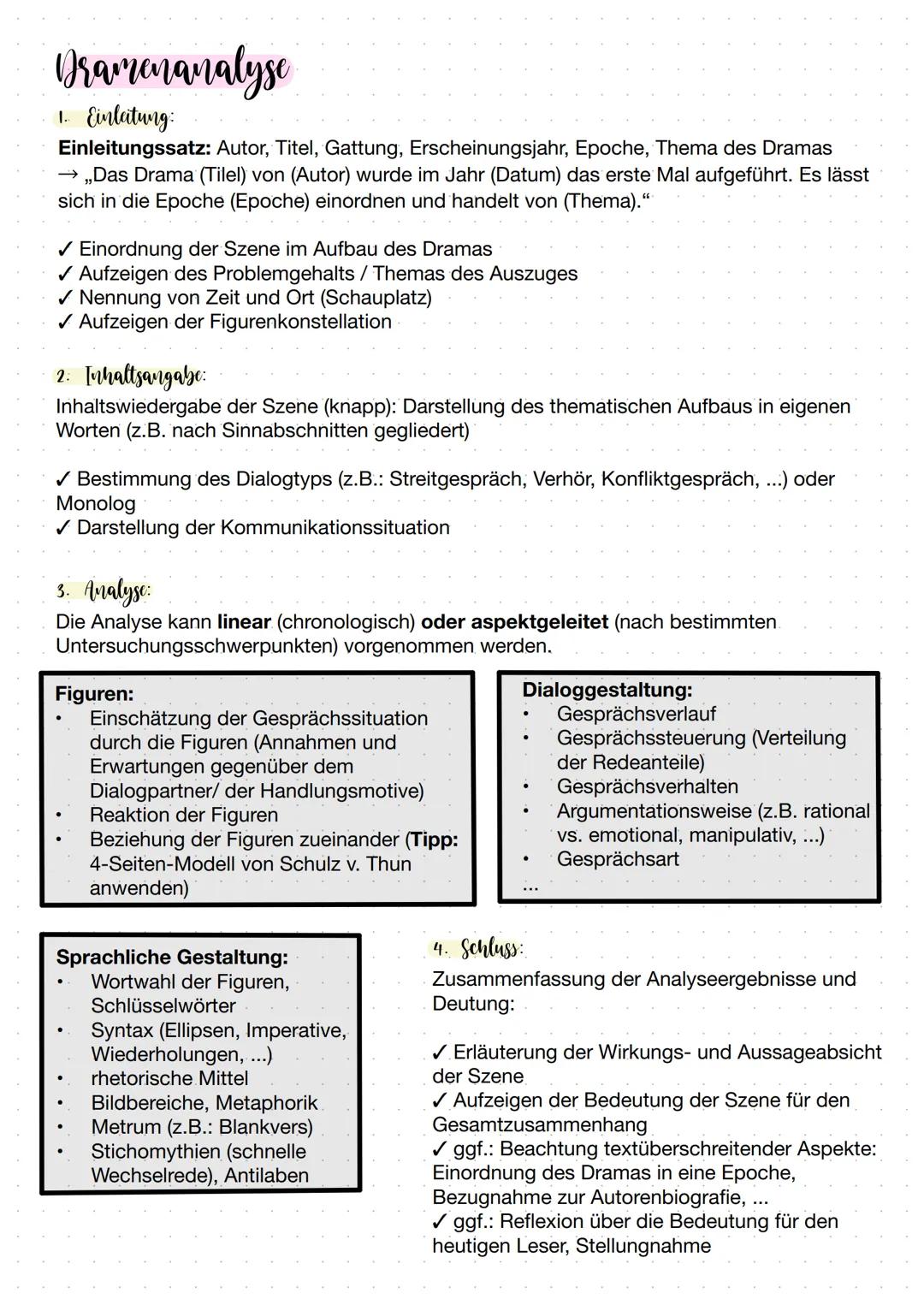 Dramenanalyse
1... Einleitung:
Einleitungssatz: Autor, Titel, Gattung, Erscheinungsjahr, Epoche, Thema des Dramas
→ ,,Das Drama (Tilel) von