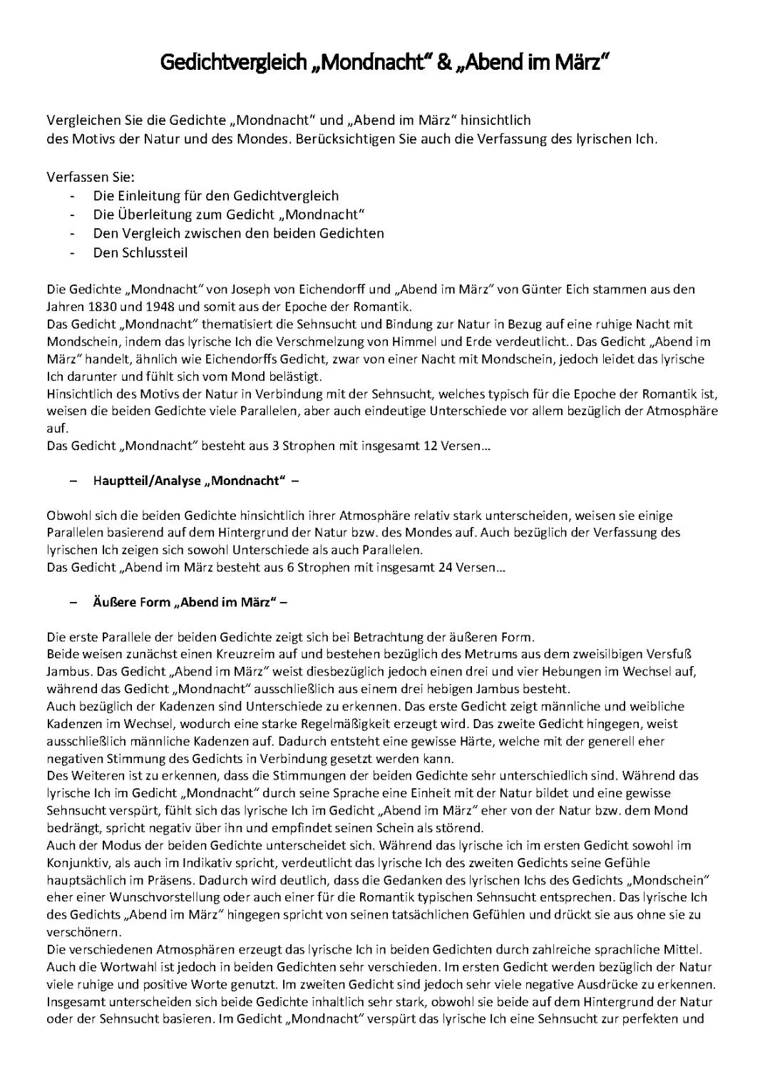 Gedichtvergleich Mondnacht & Abend im März