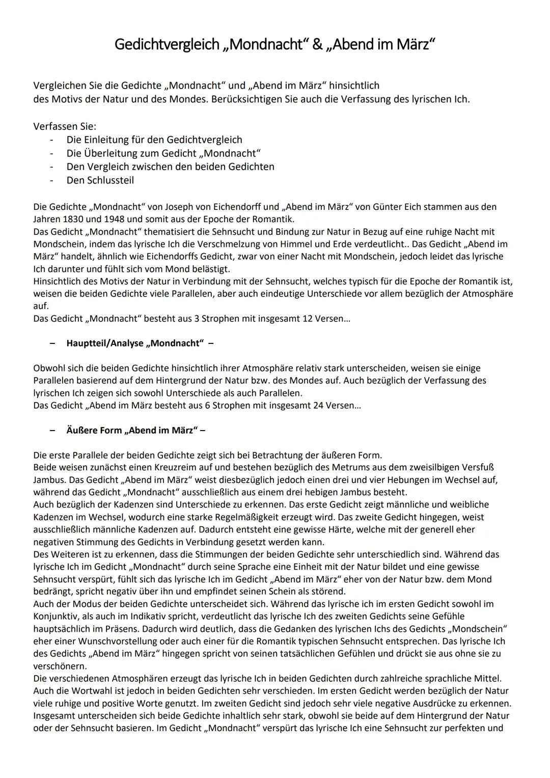 Gedichtvergleich ,,Mondnacht" & ,,Abend im März"
Vergleichen Sie die Gedichte ,,Mondnacht" und „Abend im März" hinsichtlich
des Motivs der N