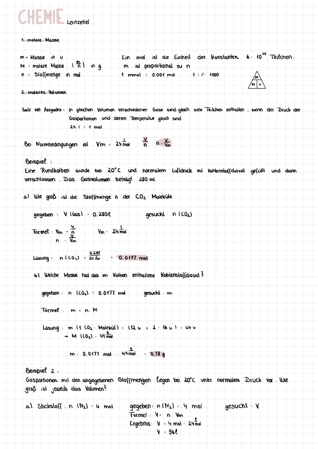 # CHEMIE Lernzettel
1. molare Masse
- m Masse in u
- M molare Masse ($\frac{m}{n}$) in g
- n Sloffmenge in mol
Ein mol ist die Einheit de