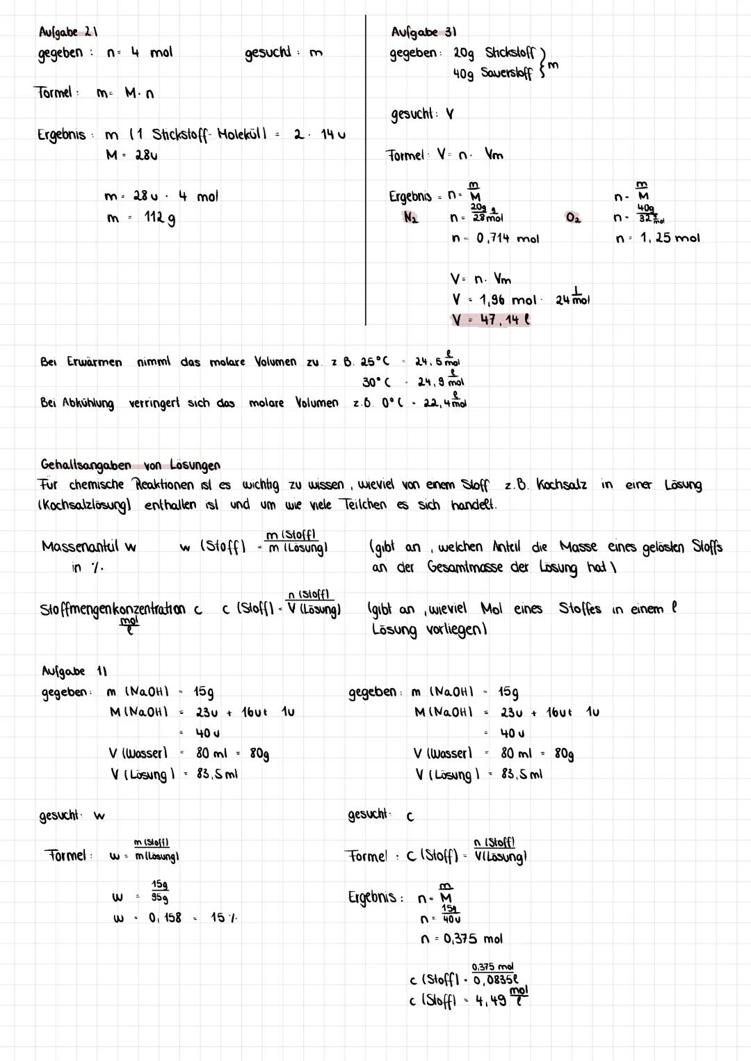 # CHEMIE Lernzettel
1. molare Masse
- m Masse in u
- M molare Masse ($\frac{m}{n}$) in g
- n Sloffmenge in mol
Ein mol ist die Einheit de
