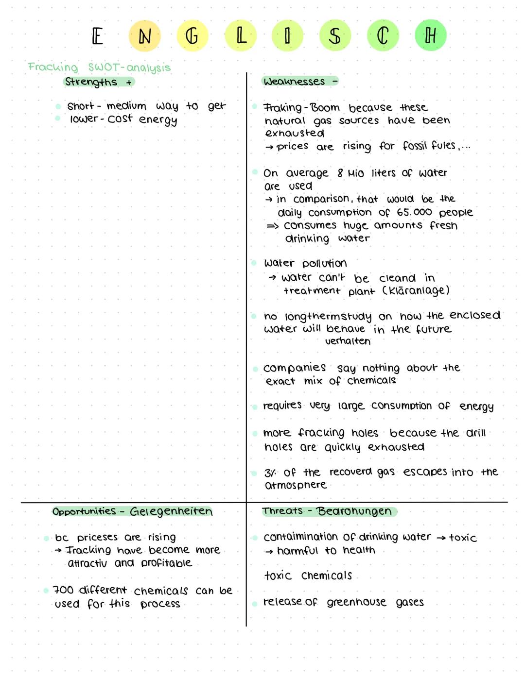 # E N G L I S C H
Discussion renewable energy
## Pro
* enviromentally friendly
* → no pollutant emissions
* → less Co₂ emissions (A