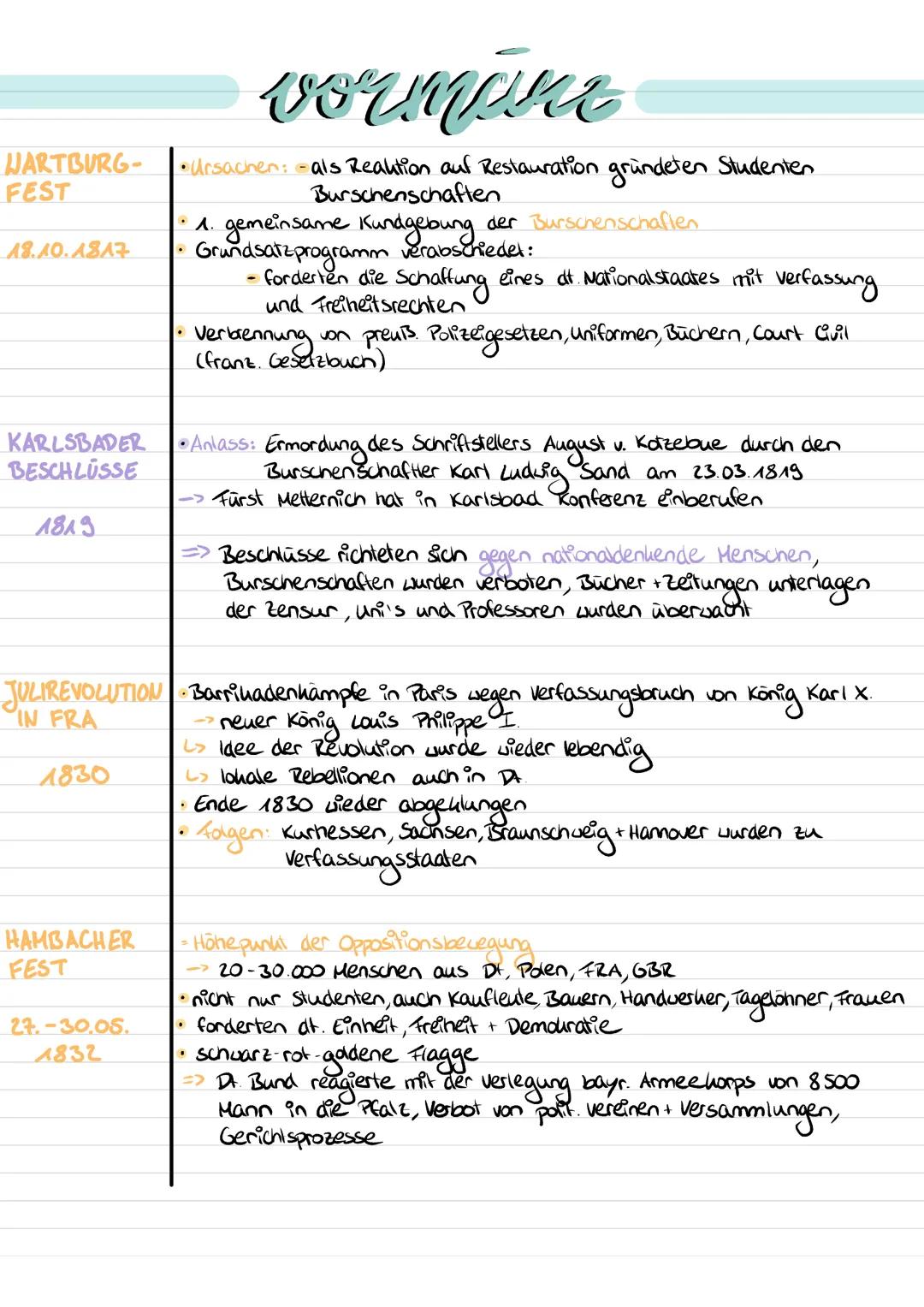 WARTBURG-
FEST
18.10.1817
KARLSBADER
BESCHLUSSE
1819
1830
HAMBACHER
FEST
vormine
• Ursachen: - als Reaktion auf Restauration gründeten Stude