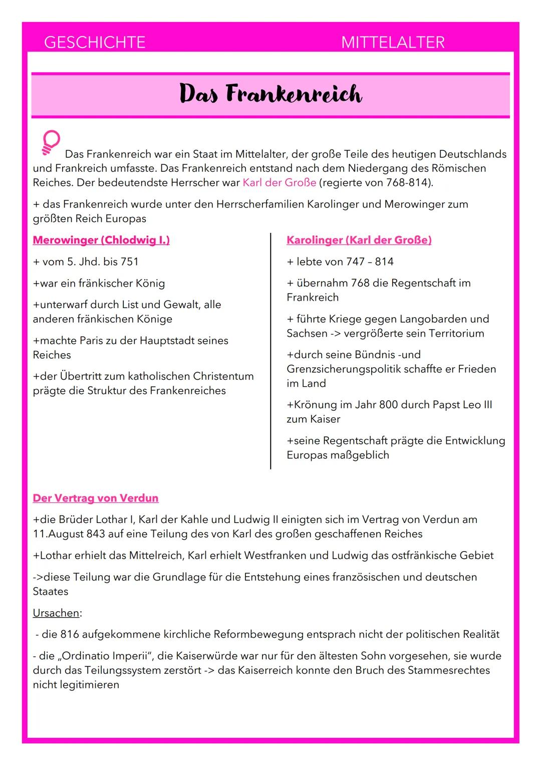 GESCHICHTE
Das Frankenreich
Das Frankenreich war ein Staat im Mittelalter, der große Teile des heutigen Deutschlands
und Frankreich umfasste