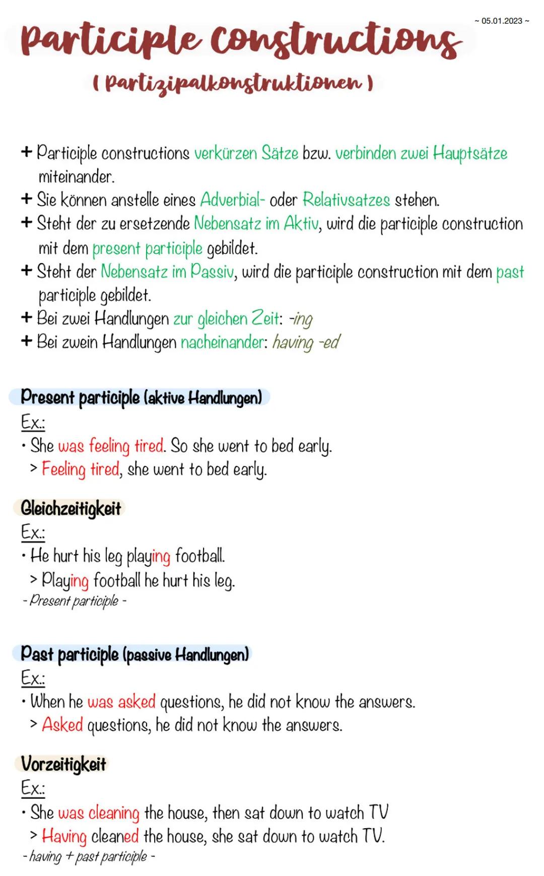 participle constructions
(Partizipalkonstruktionen)
+ Participle constructions verkürzen Sätze bzw. verbinden zwei Hauptsätze
miteinander.
+