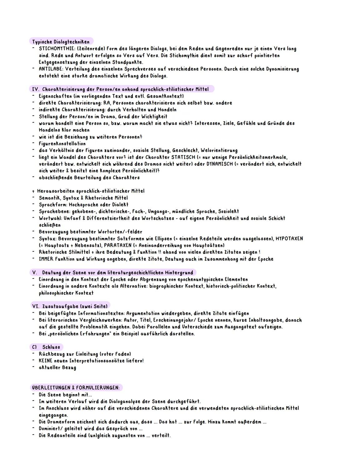 # DRAMENANALYSE - LERNZETTEL
**A) Einleitung (1/3 - eine Seite)**
* Autor, Titel, Art des Dramas, Thema auf möglichst abstrakter Ebene (