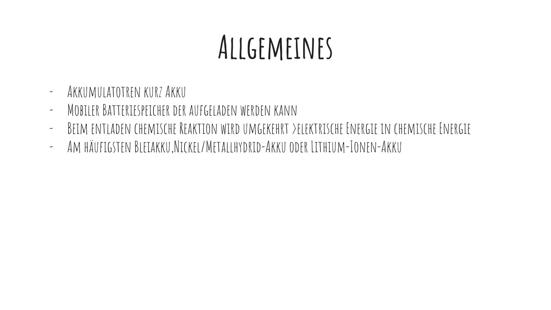 # AKKUMULATOREN
VON JOHANNA UND EMELY - ALLGEMEINES
- BLEIAKKU
- AUFBAU
- LADEVORGANG
- ENTLADEVORGANG
- LITHIUM-IONEN-AKKUMULATOREN