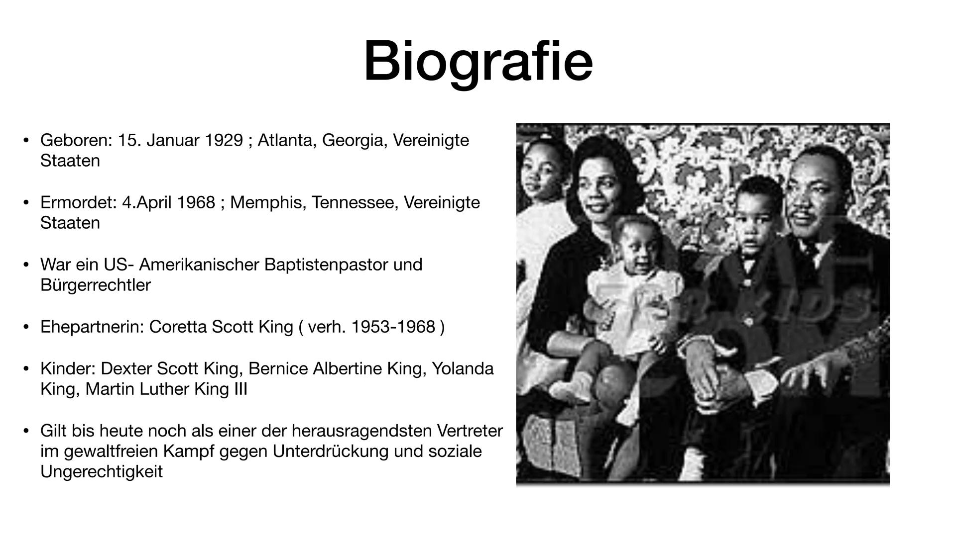 Martin Luther King ●
Biografie
Geboren: 15. Januar 1929; Atlanta, Georgia, Vereinigte
Staaten
Ermordet: 4.April 1968 ; Memphis, Tennessee, V