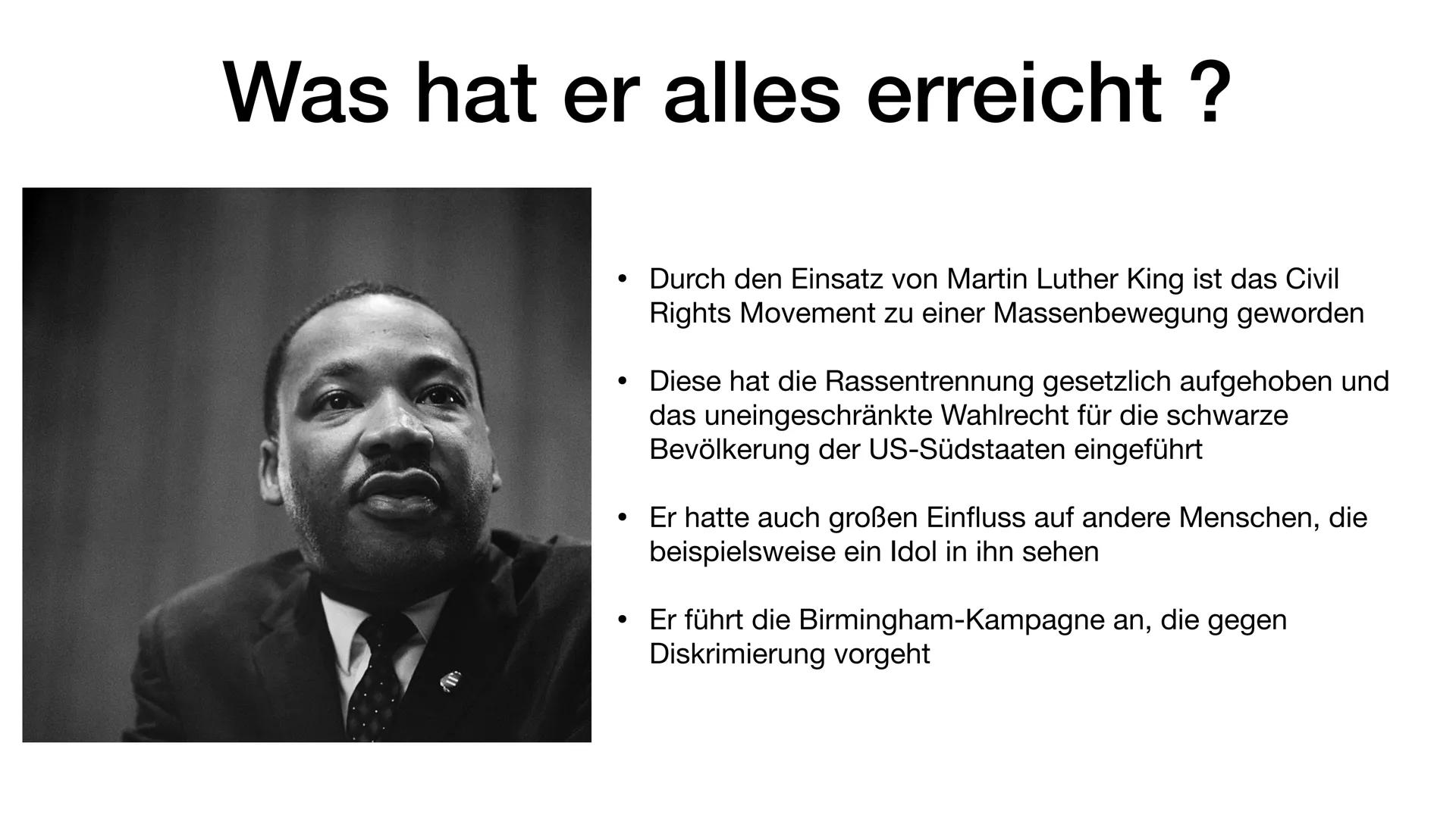 Martin Luther King ●
Biografie
Geboren: 15. Januar 1929; Atlanta, Georgia, Vereinigte
Staaten
Ermordet: 4.April 1968 ; Memphis, Tennessee, V