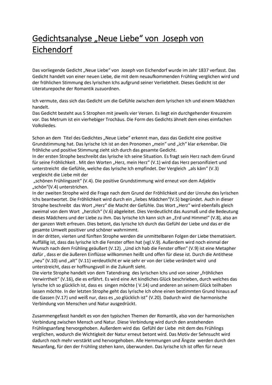 Gedichtsanalyse Neue Liebe" von Joseph von
Eichendorf
Das vorliegende Gedicht ,,Neue Liebe" von Joseph von Eichendorf wurde im Jahr 1837 ver