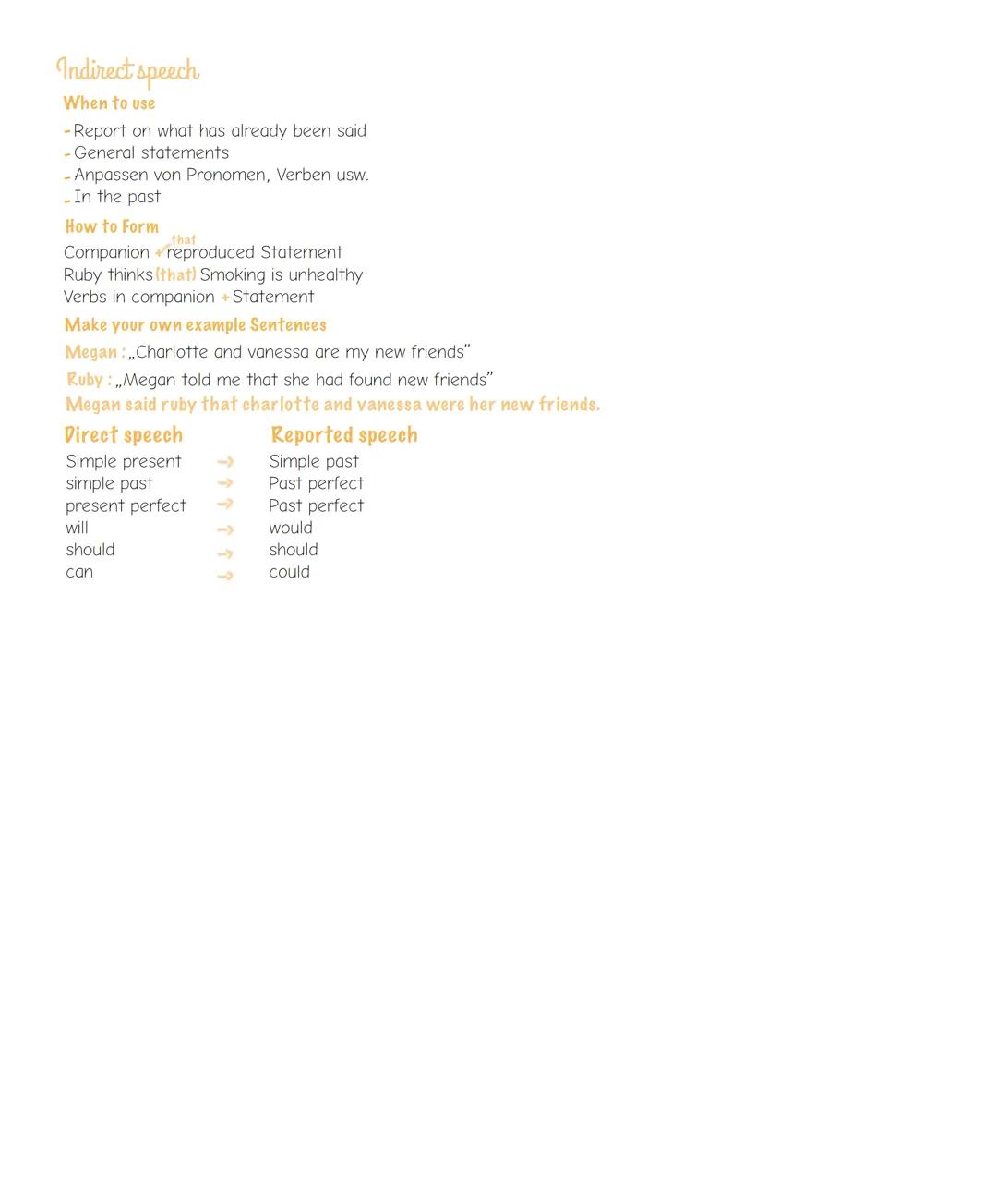 Indirect speech
When to use
- Report on what has already been said
- General statements
- Anpassen von Pronomen, Verben usw.
- In the past