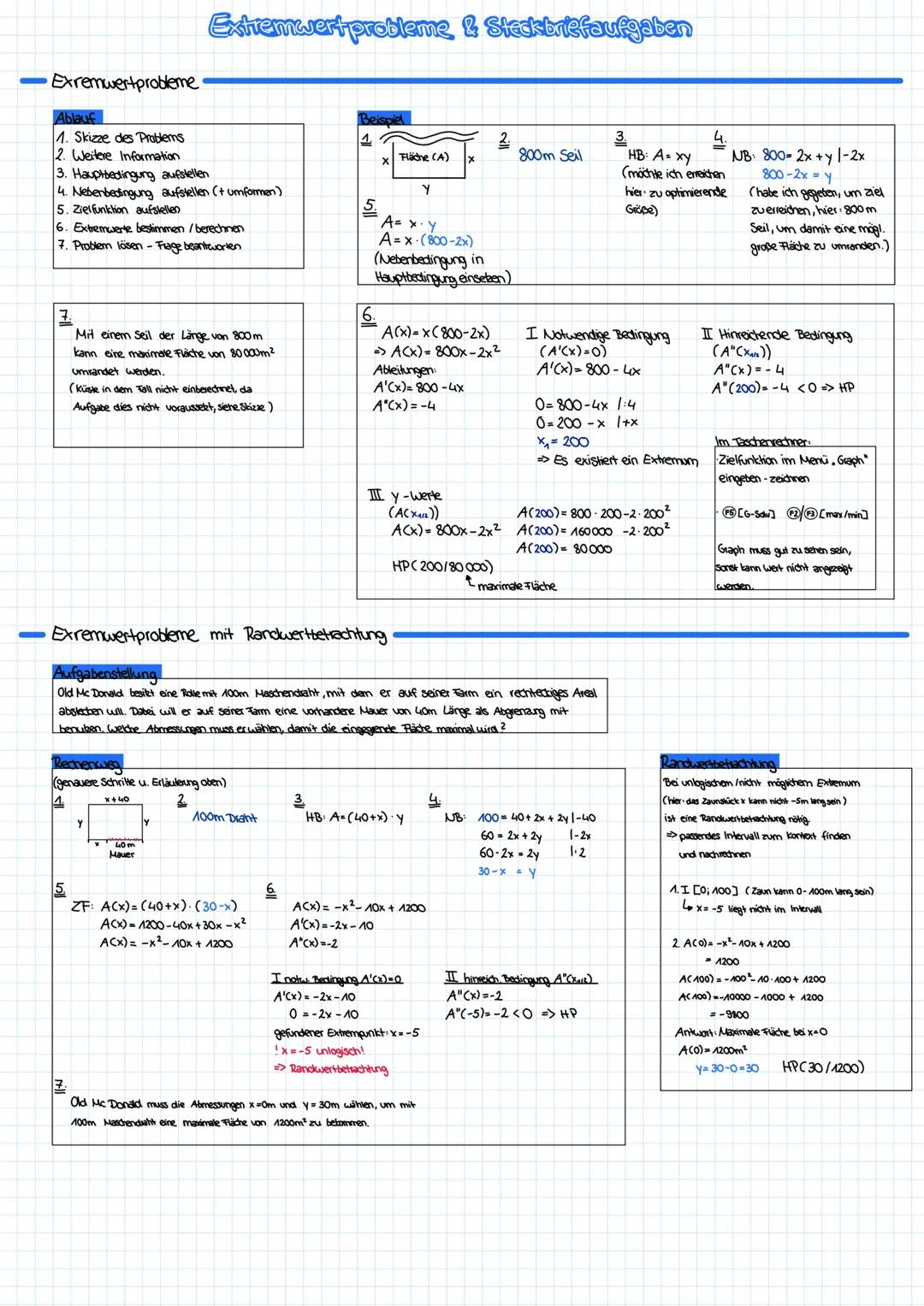 Exremwertprobleme
Ablauf
1. Skizze des Problems
2. Weitere Information
3. Hauptbedingung aufstellen
4. Nebenbedingung aufstellen (+ umformen
