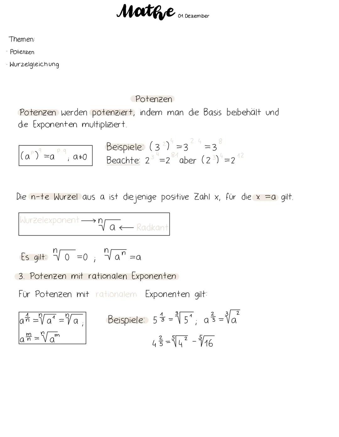 Themen:
Potenzen
Wurzelgleichung
Potenzen
Potenzen werden potenziert, indem man die Basis beibehält und
die Exponenten multipliziert.
|(a) =