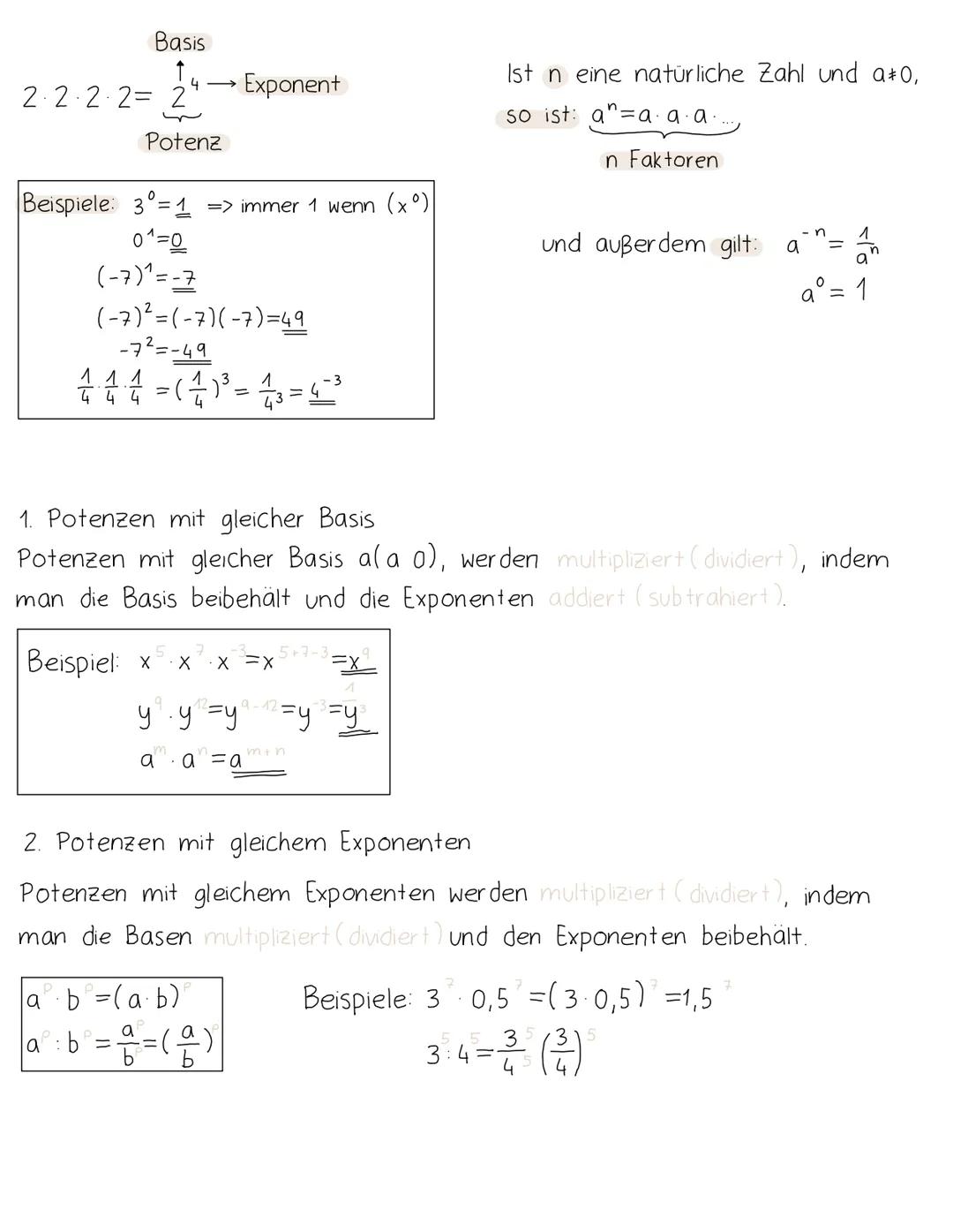 Themen:
Potenzen
Wurzelgleichung
Potenzen
Potenzen werden potenziert, indem man die Basis beibehält und
die Exponenten multipliziert.
|(a) =