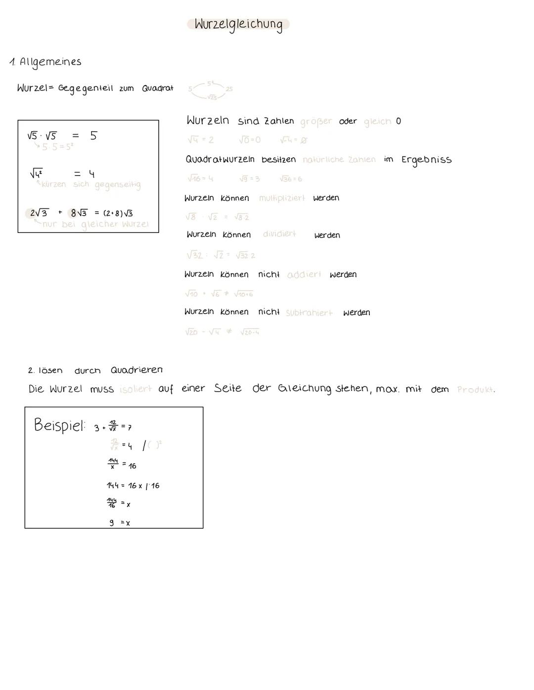 Themen:
Potenzen
Wurzelgleichung
Potenzen
Potenzen werden potenziert, indem man die Basis beibehält und
die Exponenten multipliziert.
|(a) =