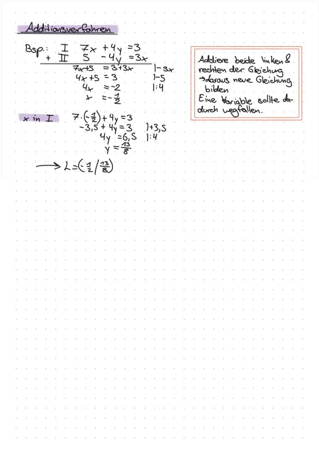 # Gleichungssysteme
## Gleichsetzungsverfahren:
↳geeignet wenn die gleiche Variable gelöst ist
Bsp.: (1) 3x + y =5
(Ⅱ) 2x=44-2
2. Gleichu