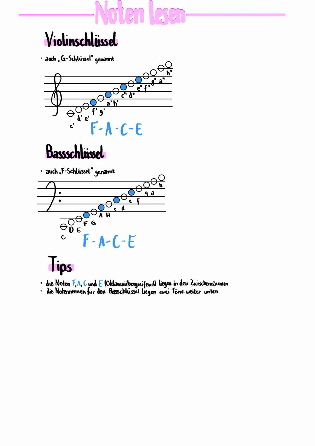 Violinschlüssel
• auch, G-Schlüssel genannt
7:
.
Noten Lesen
Bassschlüssel
auch F-Schlüssel" genannt
eo
F-A-C-E
F-A-C-E
9 a
Tips
die Noten F
