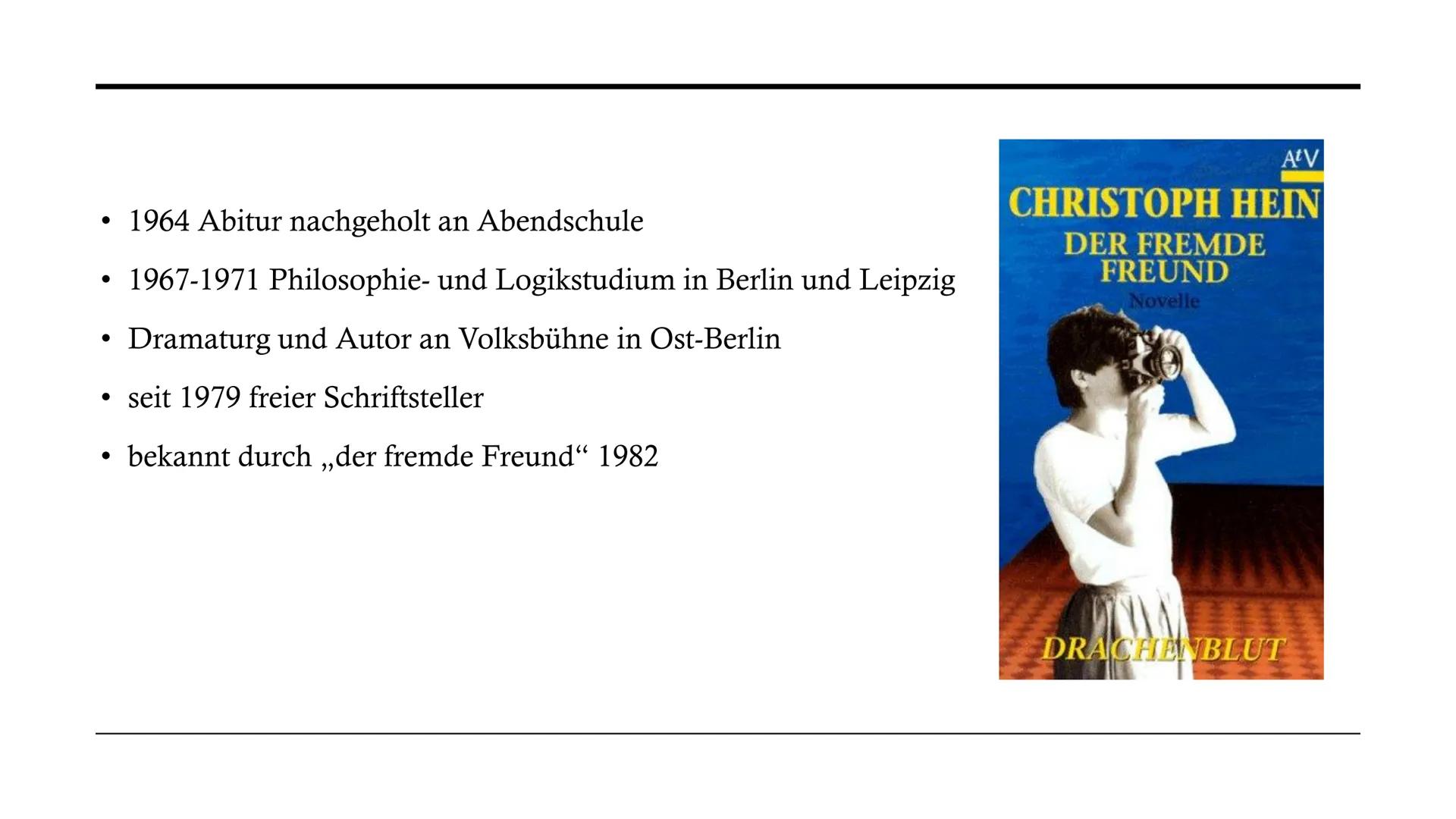 CHRISTOPH HEIN
Isabella D'Errico 11Leh
Leistungskurs Deutsch GLIEDERUNG:
1. Biografie
2. Sein Stil
3. Landnahme
4. Werke
5. Auszeichnungen
6