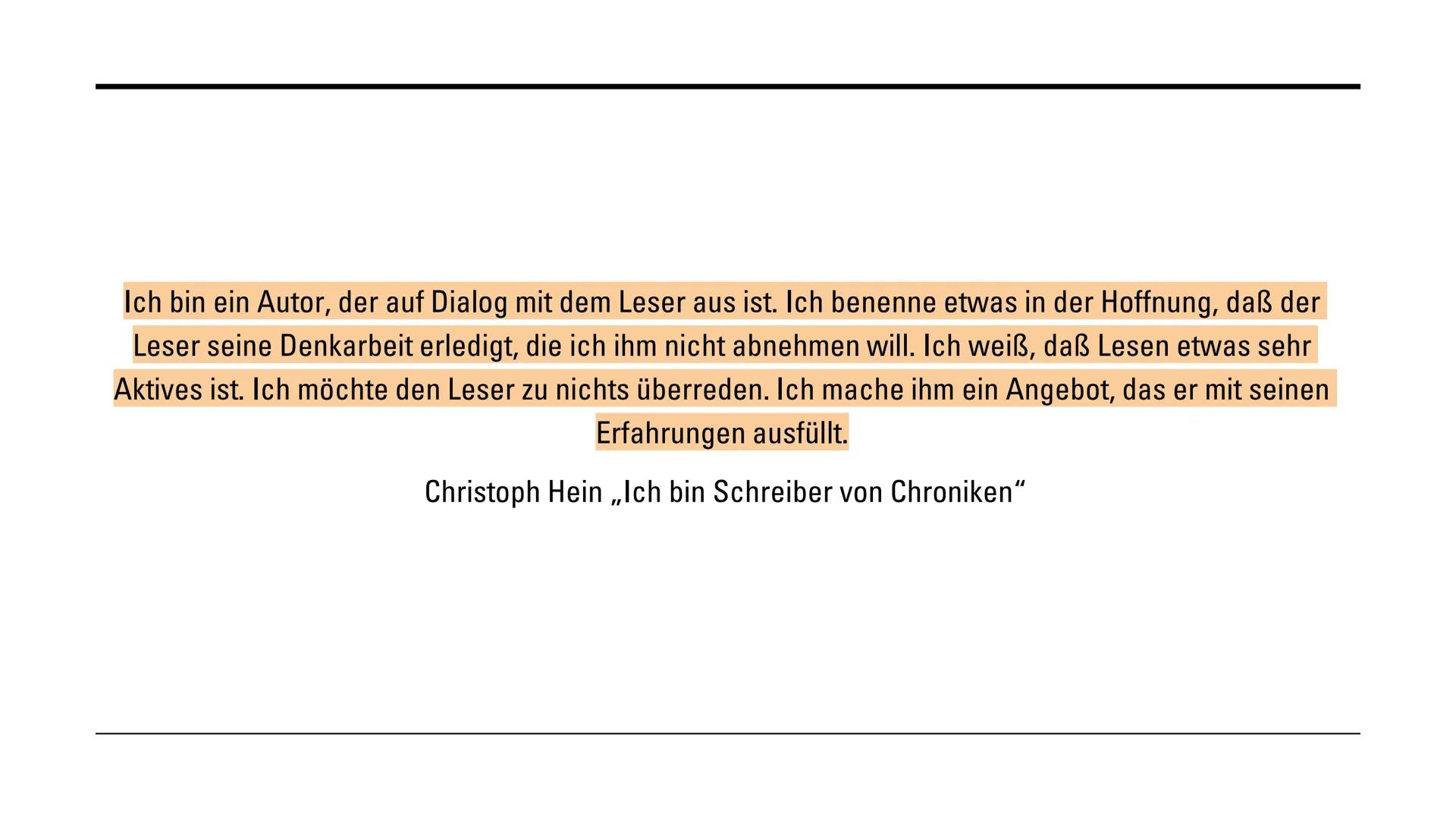 CHRISTOPH HEIN
Isabella D'Errico 11Leh
Leistungskurs Deutsch GLIEDERUNG:
1. Biografie
2. Sein Stil
3. Landnahme
4. Werke
5. Auszeichnungen
6