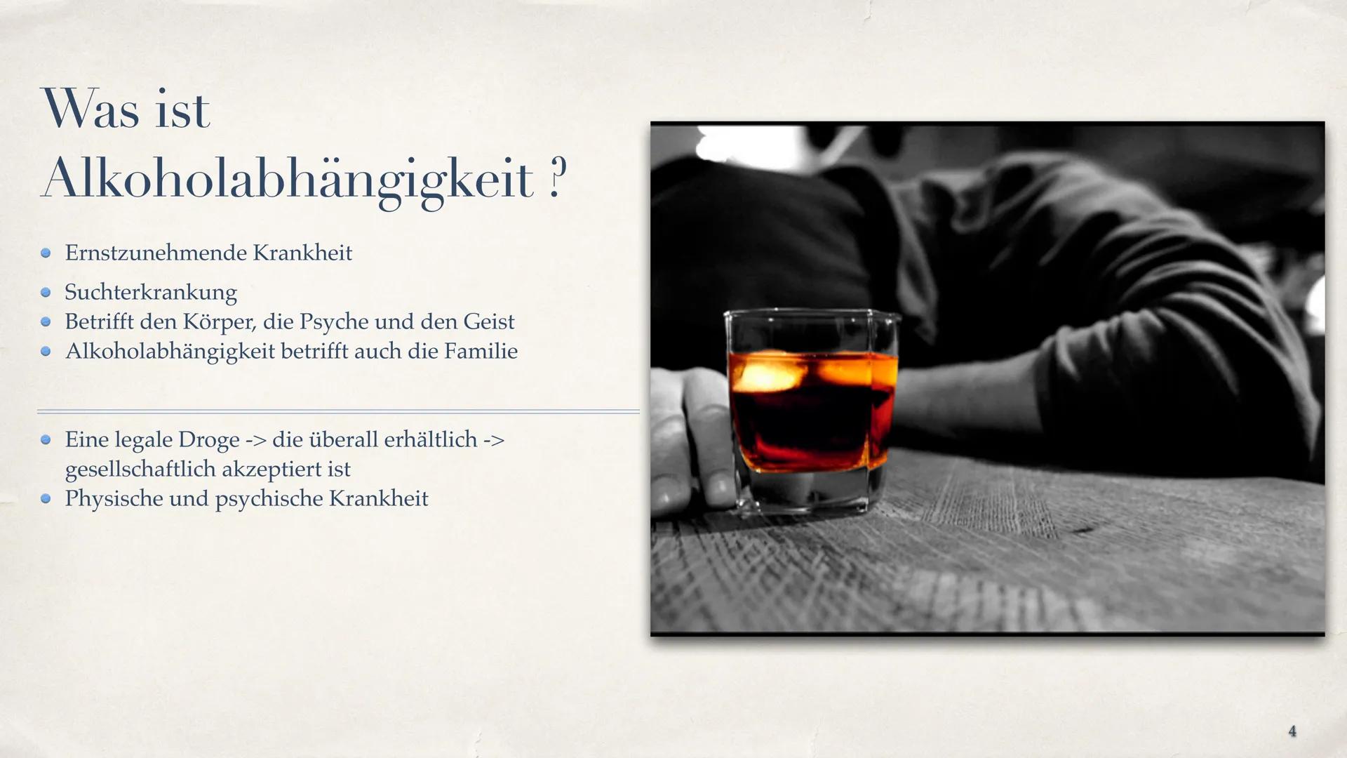 Alkohlabhängigkeit
Die akzeptierte Droge
Cherry Michelle
1 Inhaltsverzeichnis
Was ist Alkohol? - Folie 3
• Was ist Alkoholabhängigkeit ?- Fo