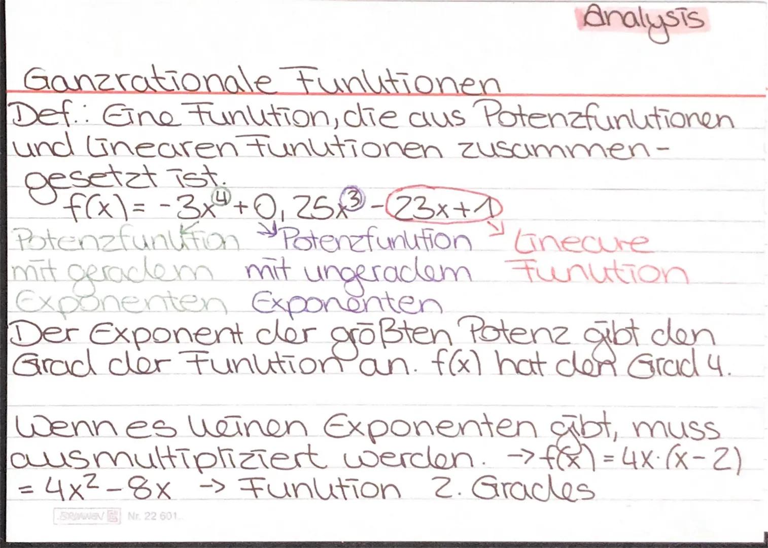 Analysis
Ganzrationale Funlutionen
Def.: Eine Funlution, die aus Potenzfunlutionen und linearen Funlutionen zusammen- gesetzt ist.
$f(x) =