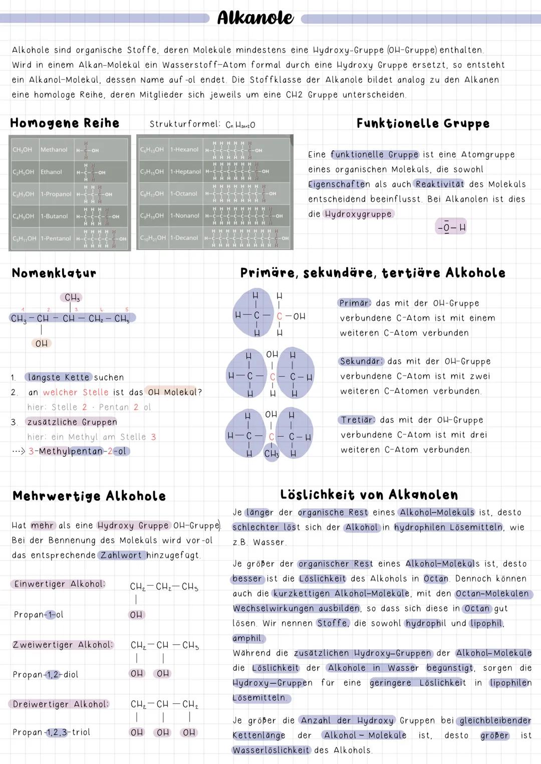 Alkanole
Alkohole sind organische Stoffe, deren Moleküle mindestens eine Hydroxy-Gruppe (OH-Gruppe) enthalten.
Wird in einem Alkan-Molekül e