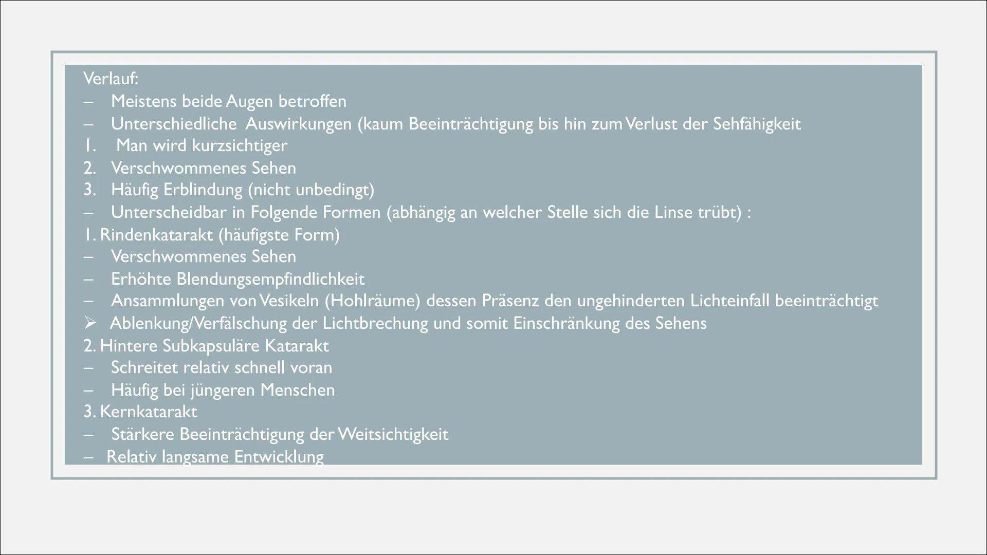 KRANKHEITEN UND
FEHLER DES AUGES
Von Lilith INHALTSVERZEICHNIS
1. Exkurs: Aufbau der Linse
2. Grau Star
3. Schielen
4. Grün Star
5. Weitsi