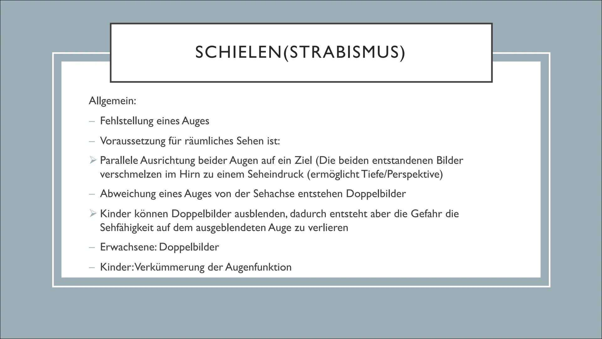KRANKHEITEN UND
FEHLER DES AUGES
Von Lilith INHALTSVERZEICHNIS
1. Exkurs: Aufbau der Linse
2. Grau Star
3. Schielen
4. Grün Star
5. Weitsi