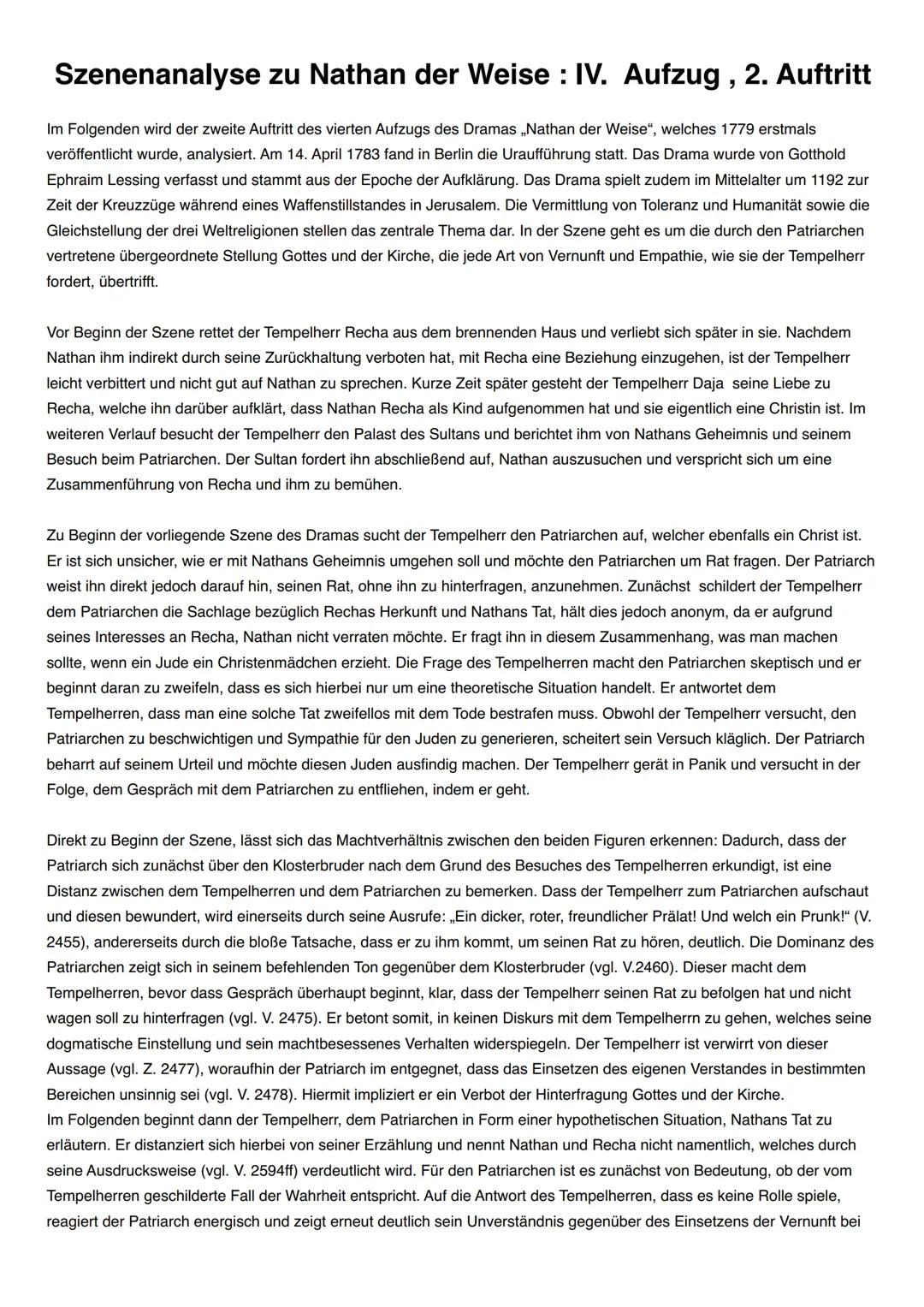 Szenenanalyse zu Nathan der Weise : IV. Aufzug, 2. Auftritt
Im Folgenden wird der zweite Auftritt des vierten Aufzugs des Dramas ,,Nathan de