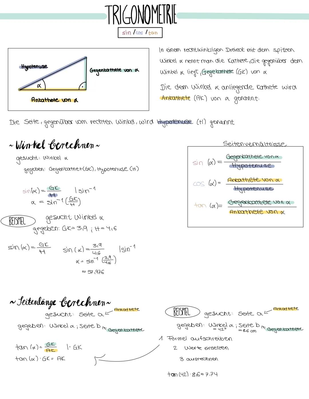 # TRIGONOMETRIE
sin/cos/tan
Hypotenuse
α
Antathete von a
Gegenkathete von a
In einem rechtwinkligen Dreieck mit dem spitzen
Winkel x n
