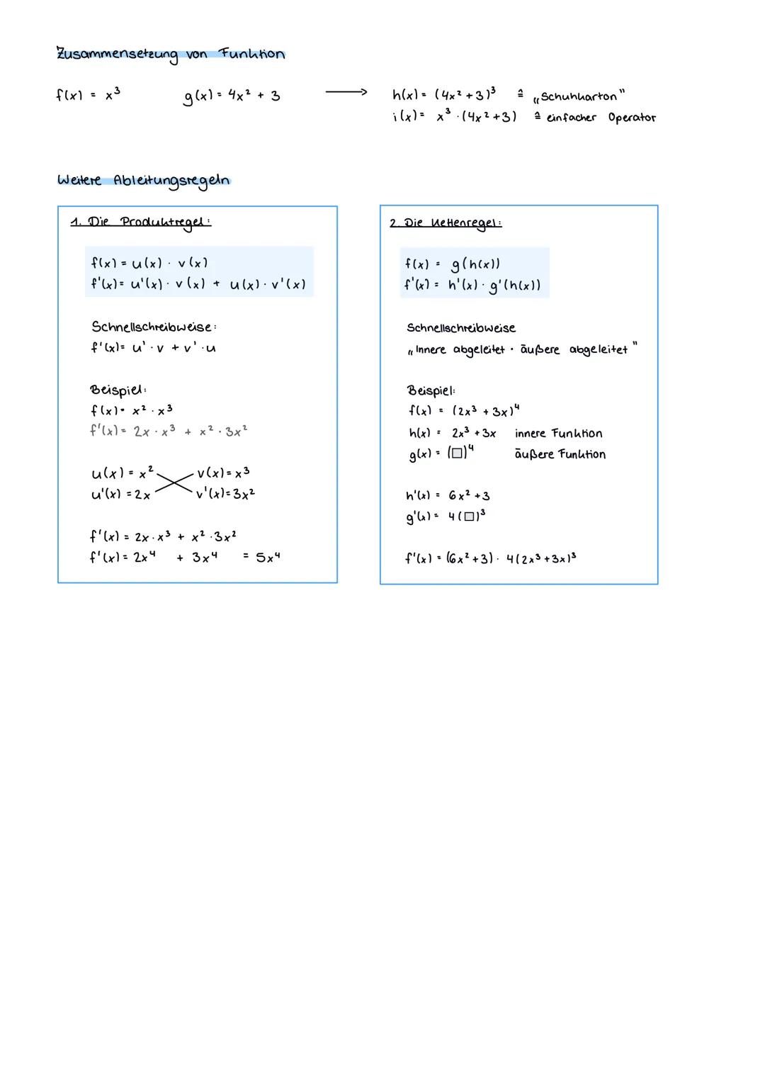 Zusammensetzung von Funktion
f(x) = x³
g(x) = 4x² + 3
Weitere Ableitungsregeln
1. Die Produktregel:
f(x) = u(x) v(x)
f'(x)= u(x) v (x) + u(x