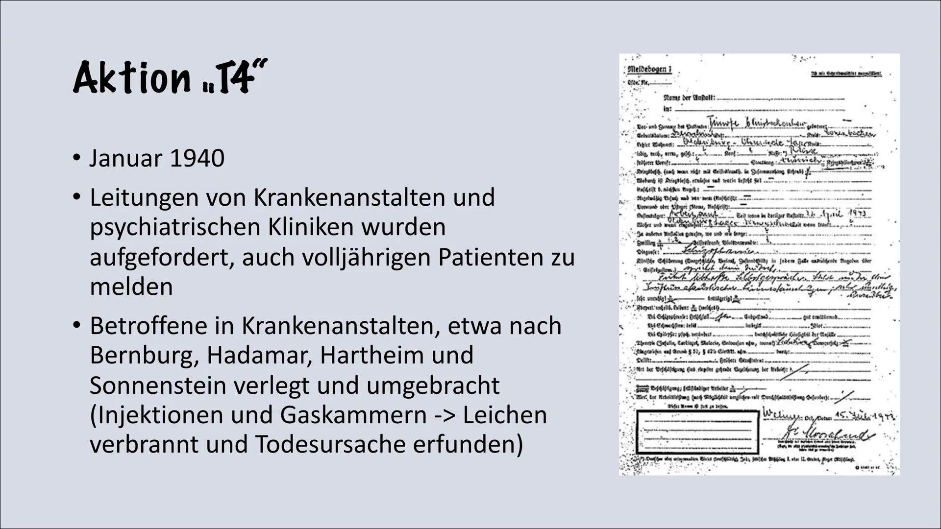 Euthanasieprogramm
Te Gliederung
●
• Begriffsabstammung
●
• Abstufung der Menschen
●
Hauptakteure
●
• Runderlass 18. August 1939
Aktion T4
E