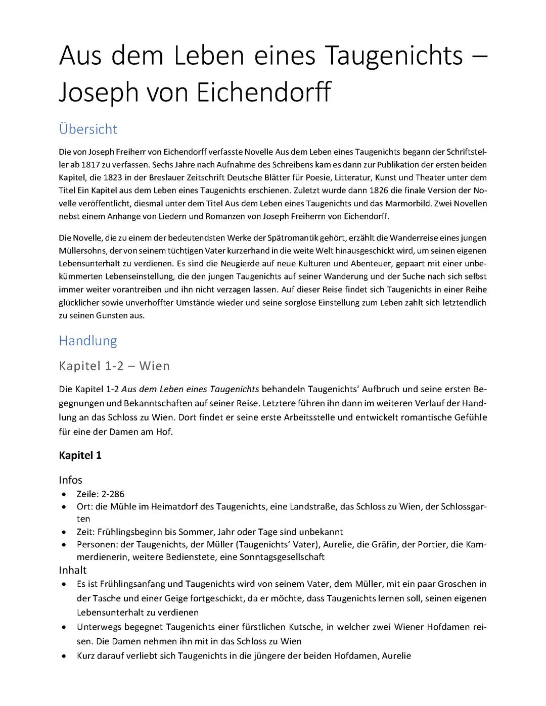 Aus dem Leben eines Taugenichts - Joseph von Eichendorff (Zusammenfassung)