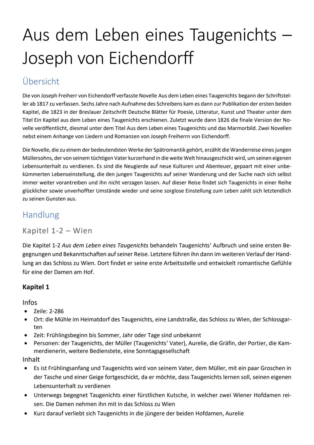 Aus dem Leben eines Taugenichts -
Joseph von Eichendorff
Übersicht
Die von Joseph Freiherr von Eichendorff verfasste Novelle Aus dem Leben e