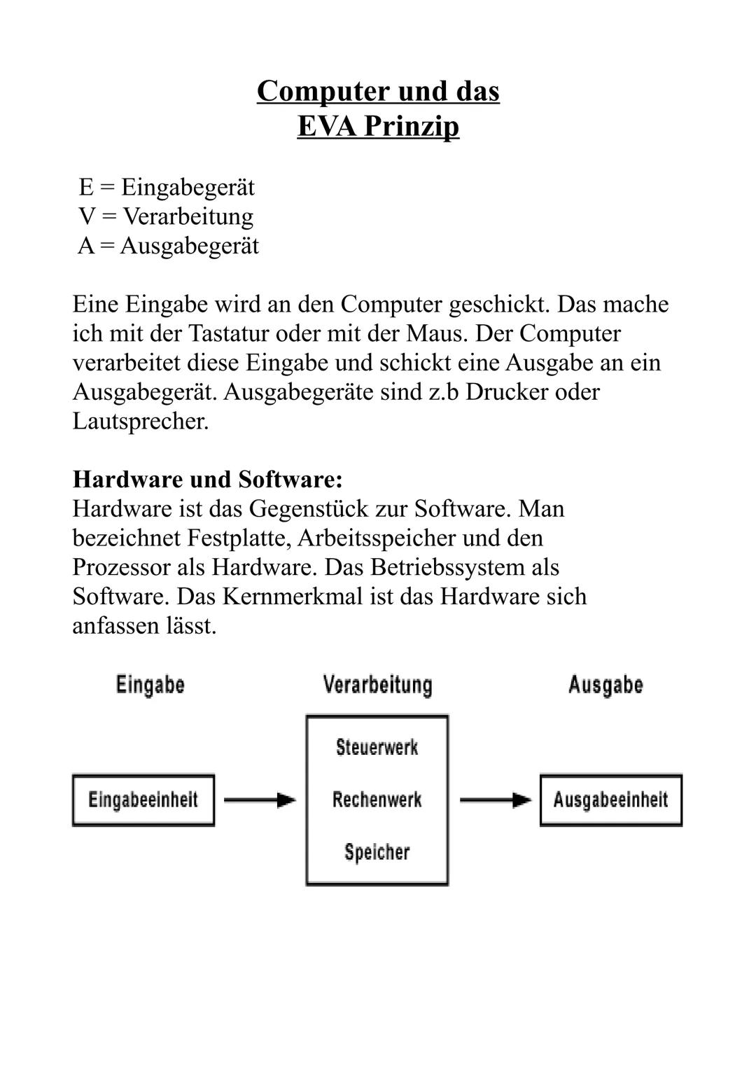 # Computer und das
## EVA Prinzip
E = Eingabegerät
V = Verarbeitung
A = Ausgabegerät
Eine Eingabe wird an den Computer geschickt. Das mach