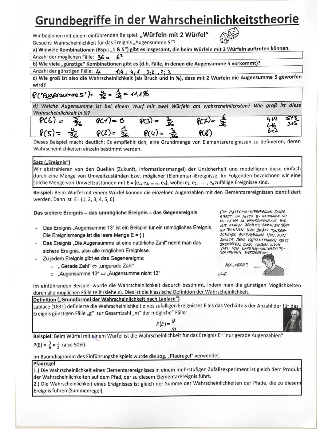# Grundbegriffe in der Wahrscheinlichkeitstheorie
Wir beginnen mit einem einführenden Beispiel: „Würfeln mit 2 Würfel"
Gesucht: Wahrscheinl