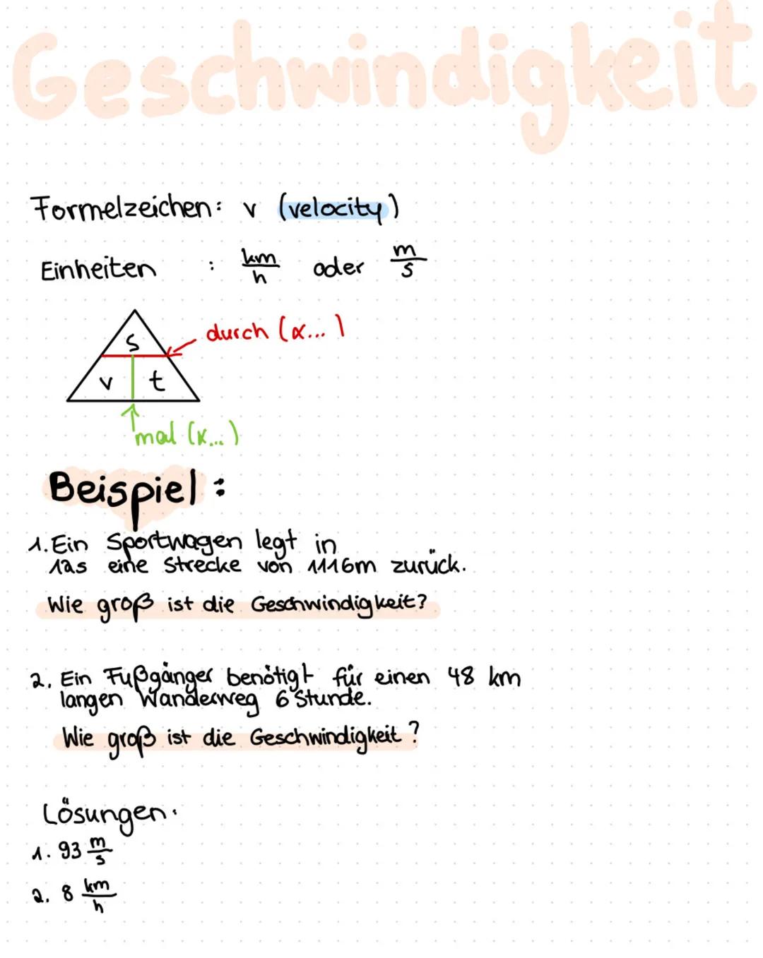 Geschwindigkeit
Formelzeichen: v (velocity)
km
h
oder m
durch (x... )
Einheiten
A
t
mal (K...)
Beispiel:
1. Ein Sportwagen legt in
las eine