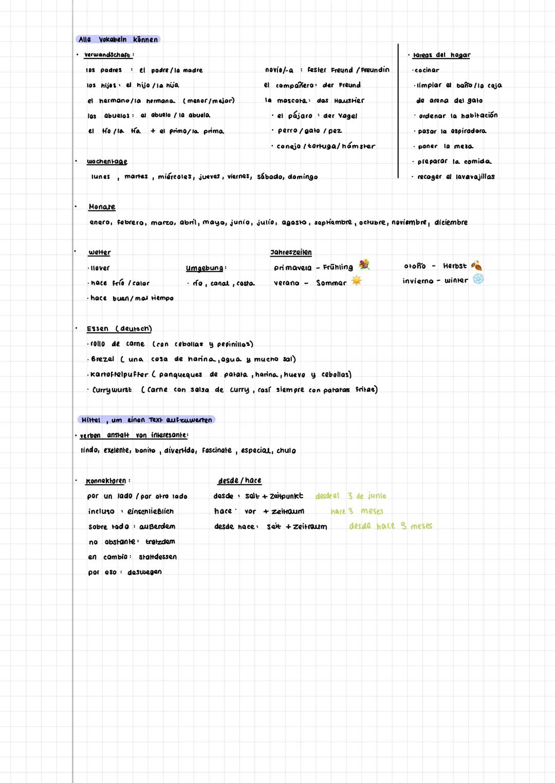 Themen:
.
.
untersenied indefinido/perfecto: zu richtigen Zeitpunkten verwenden können, rientig bilden
alle vokabeln können + wiederholen: v