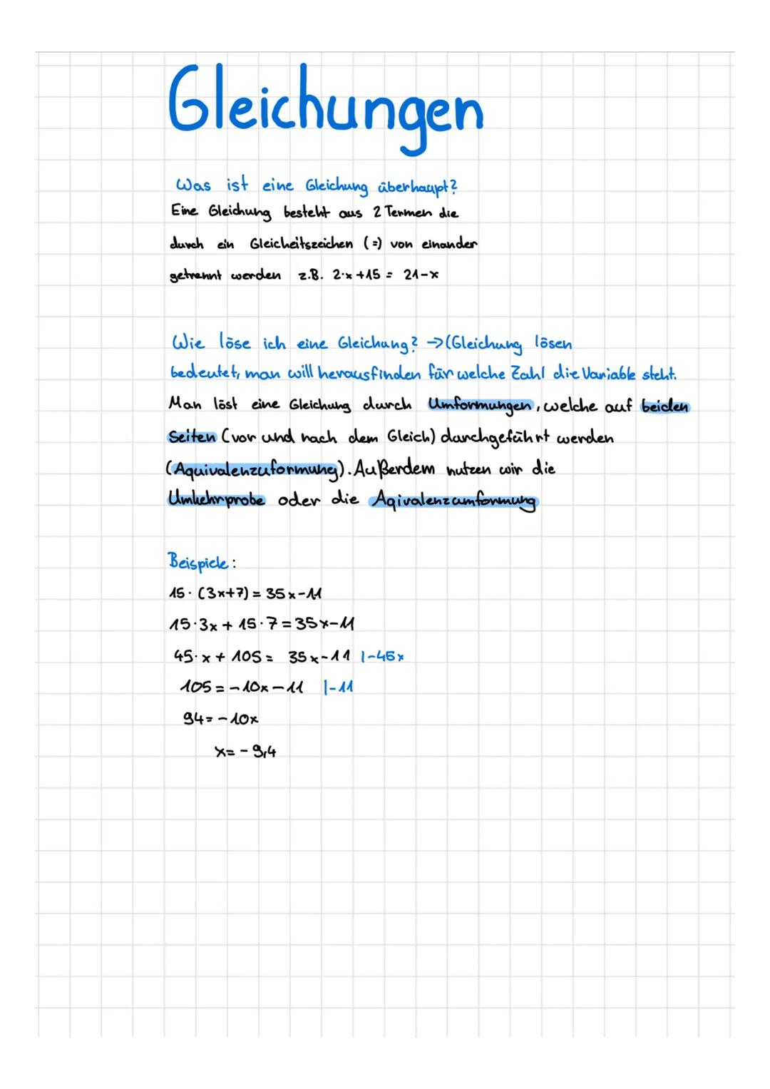 # Gleichungen
Was ist eine Gleichung überhaupt?
Eine Gleichung besteht aus 2 Termen die
durch ein Gleicheitszeichen (=) von einander
getren