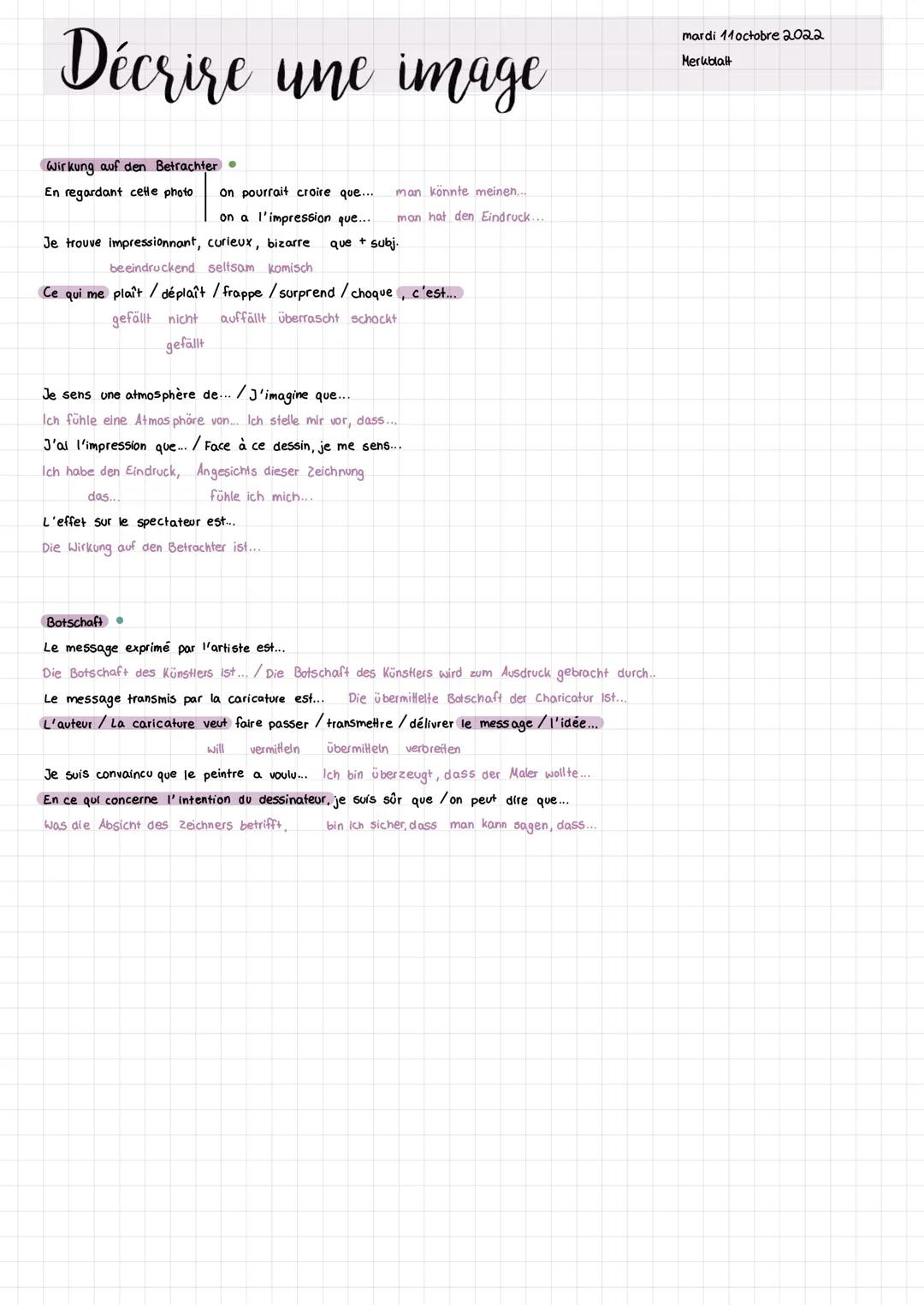 Décrire une image
Struktur
1) Bild sorte
21 Situation/Thema / Darstellung
3) Bildebene (Details)
4) Stimmung / Wirkung des Bildes
5) Botscha