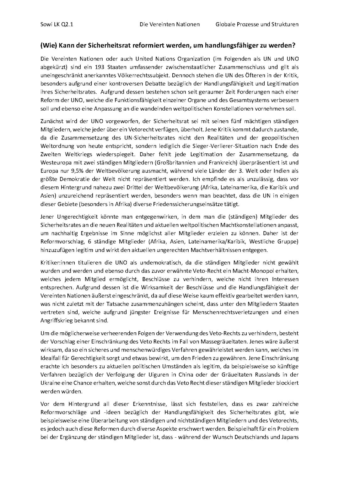 Kann der UN Sicherheitsrat reformiert werden?