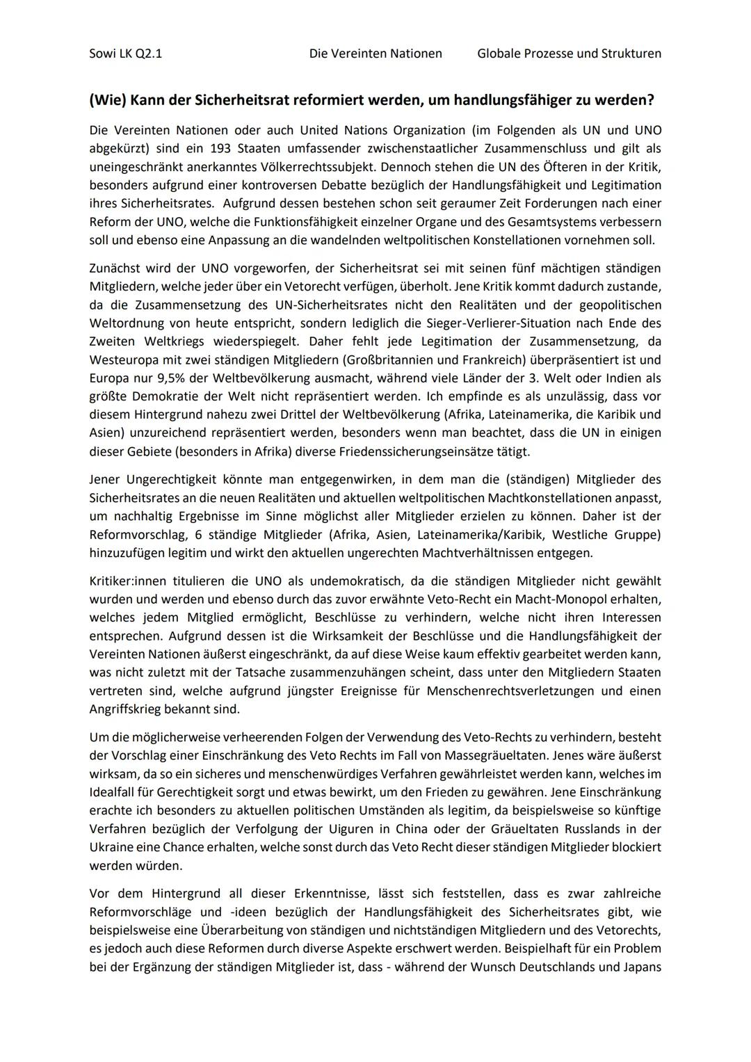 Sowi LK Q2.1
Die Vereinten Nationen
Globale Prozesse und Strukturen
(Wie) kann der Sicherheitsrat reformiert werden, um handlungsfähiger zu