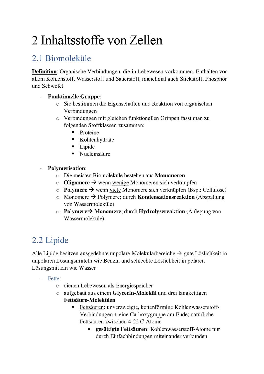 Inhaltsstoffe von Zellen (Kapitelzusammenfassung)